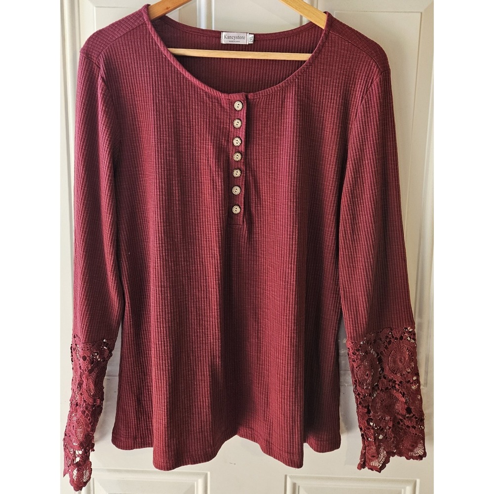 Kancystore Womens 2XL Burgundy Rib Knit Henley Top Lace Sleeve Boho Stretch